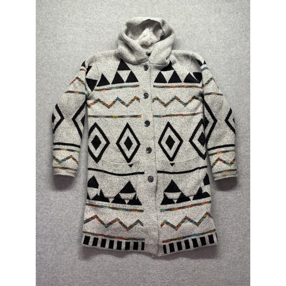 Pinklicious Southwest Sherpa Lined Hooded Cardigan Sweater Grey Geometric Large